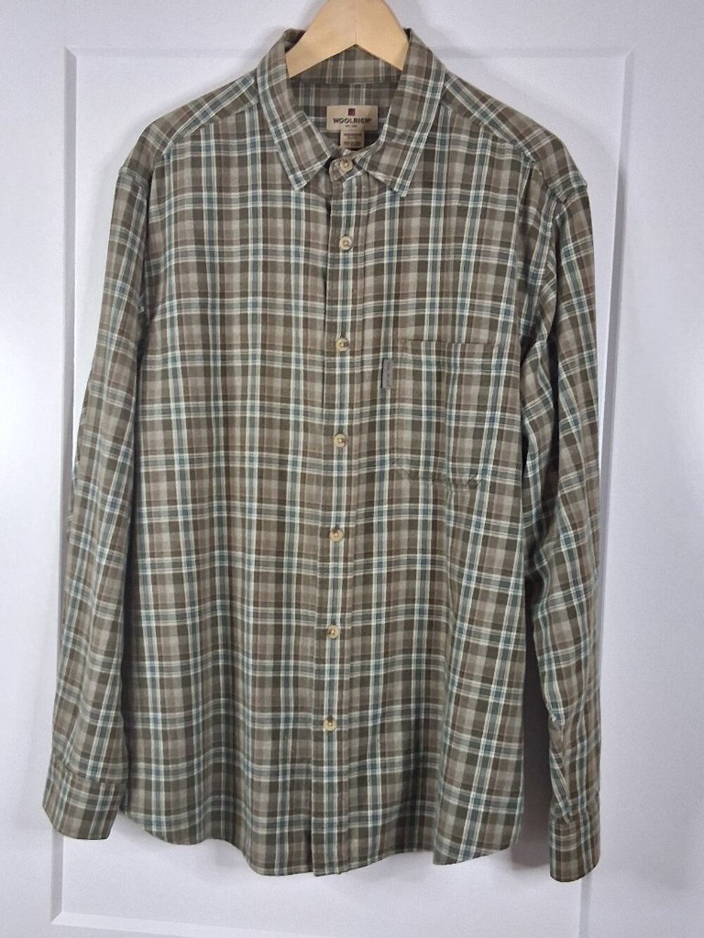 Woolrich Men's XL Plaid Flannel Shirt 100% Cotton Brown Green Sawdust 6262